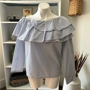 GAP Blue and White Ruffle Blouse Off-Shoulder Cotton